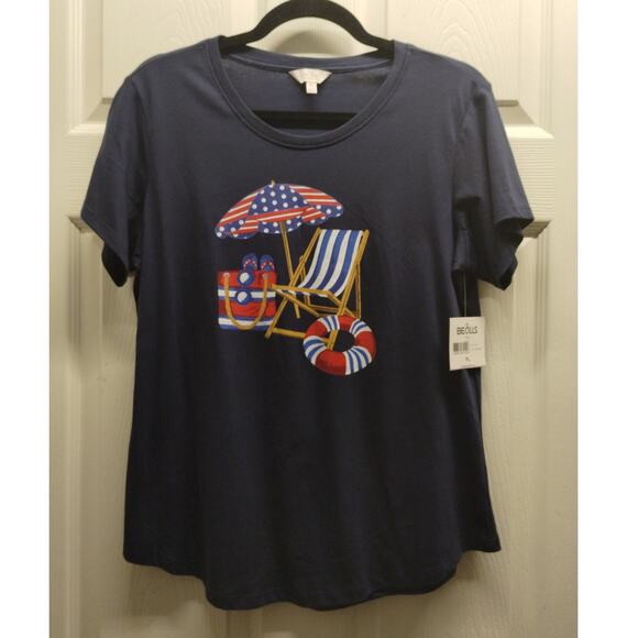 Coral Bay NWT Size Petite Large Navy Blue Beach Umbrella Patriotic Graphic Tee - Picture 1 of 7